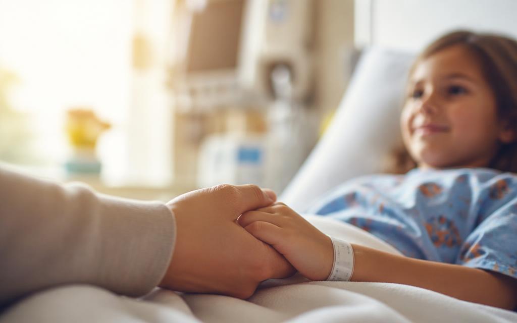 Felnőtt fogja egy kórházi ágyon fekvő gyermek kezét világos kórházi szobában